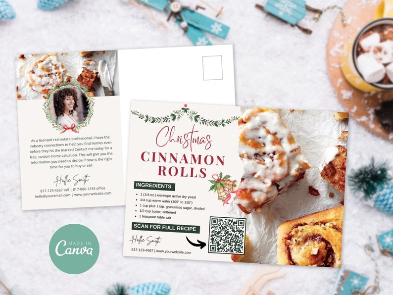 May include: A Christmas-themed postcard with a recipe for cinnamon rolls. The postcard features a photo of cinnamon rolls with white frosting and a QR code to scan for the full recipe. The text on the postcard reads "Christmas Cinnamon Rolls" and includes a list of ingredients.