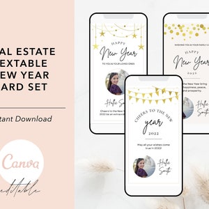 Conjunto de cartões digitais de Ano Novo, conjunto de cartões de Ano Novo para o mercado imobiliário, marketing imobiliário, marketing de Ano Novo, cartão de Ano Novo com texto para corretor de imóveis