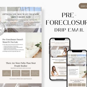Puede incluir: Diseño de marketing digital para bienes raíces, con el texto "PRE-FORECLOSURE DRIP EMAIL" y "OPTIONS YOU MAY WANT TO KNOW ABOUT RIGHT NOW". El diseño incluye maquetas de teléfonos móviles que muestran plantillas de correo electrónico.