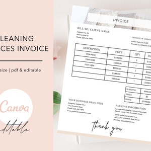 Puede incluir: Una plantilla de factura de servicios de limpieza en blanco y negro con el texto "Cleaning Services Invoice" en la parte superior. La factura incluye secciones para información de facturación, descripción de los servicios, precio, cantidad, total, subtotal, impuestos y total. También incluye una sección para información de pago con opciones de transferencia bancaria, cheque y PayPal.