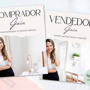 Op de afbeelding: Twee gidsen voor woningkopers en -verkopers in het Spaans. De gidsen tonen een lachende vrouw en de tekst "COMPRADOR Guia - ENCONTRANDO TU HOGAR SOÑADO -" en "VENDEDOR Guia - DESDE LISTADO HASTA VENDIDO -" met de woorden "Spaanse versie" onderaan.