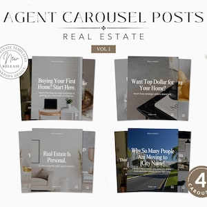 Könnte beinhalten: Ein Satz von vier Karussell-Posts zum Thema Immobilien. Der obere Text lautet "AGENT CAROUSEL POSTS" und "REAL ESTATE VOL 1". Die Beiträge enthalten Texte wie "Buying Your First Home? Start Here" und "Real Estate Is Personal."