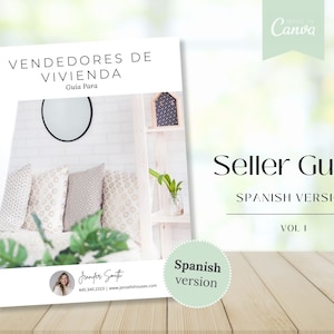 Puede incluir: Una guía para vendedores de viviendas en español, titulada "Vendedores de Vivienda: Guia Para." La guía presenta una foto de una sala de estar con un sofá y almohadas, una planta y un espejo. La guía está disponible en una versión en español.