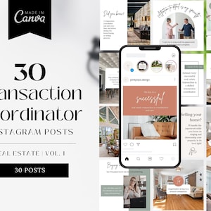 May include: A collage of 30 Instagram post templates for real estate transaction coordinators. The templates feature various images of homes, interiors, and people, along with text that highlights the importance of a transaction coordinator in the real estate process. The text includes phrases like "The key to a successful", "Behind every successful real estate transaction is a skilled transaction coordinator", and "Selling your home? I handle the paperwork while you focus on showcasing your property in its best light."