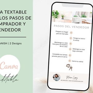 May include: A digital phone screen displaying a checklist for home sellers in Spanish. The checklist includes steps like preparing the home for the market, listing the home for sale, and closing the sale. The screen also includes a contact name and phone number.