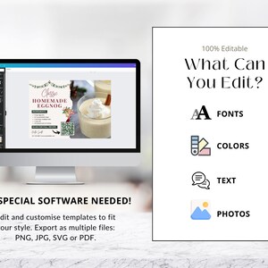 May include: A computer screen displaying a digital template for a printable recipe card for classic homemade eggnog. The template is customizable with editable fonts, colors, text, and photos. The text on the template reads "Classic Homemade Eggnog".