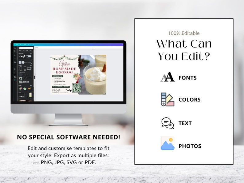 May include: A computer screen displaying a digital template for a printable recipe card for classic homemade eggnog. The template is customizable with editable fonts, colors, text, and photos. The text on the template reads "Classic Homemade Eggnog".
