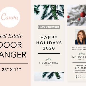 Plantilla de colgador de puerta "Felices fiestas" para agente inmobiliario, archivo digital, plantilla de Canva para colgador de puerta, colgador de puerta para bienes raíces, marketing inmobiliario