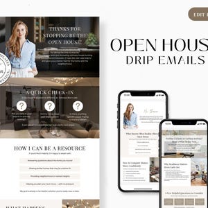 Könnte beinhalten: Immobilienvorlagen mit dem Text "OPEN HOUSE DRIP EMAILS" und "Vielen Dank für Ihren Besuch beim Tag der offenen Tür!" auf einem Flyer und Handy-Bildschirmen. Die Vorlagen zeigen eine Frau in einem blauen Hemd.