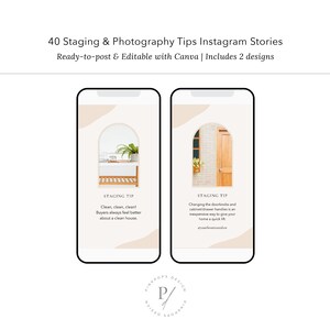 May include: Two Instagram story templates with a beige and brown color scheme. The templates feature an arched doorway with a plant in a pot. The text on the templates reads "Staging Tip" and includes tips for staging a home for sale. The text on the first template reads "Clean, clean, clean! Buyers always feel better about a clean house." The text on the second template reads "Changing the doorknobs and cabinet/drawer handles is an inexpensive way to give your home a quick lift. #realestatemarketing #homestaging".