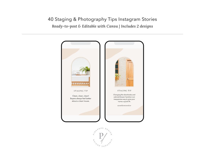 May include: Two Instagram story templates with a beige and brown color scheme. The templates feature an arched doorway with a plant in a pot. The text on the templates reads "Staging Tip" and includes tips for staging a home for sale. The text on the first template reads "Clean, clean, clean! Buyers always feel better about a clean house." The text on the second template reads "Changing the doorknobs and cabinet/drawer handles is an inexpensive way to give your home a quick lift. #realestatemarketing #homestaging".
