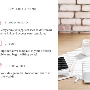 May include: A graphic with instructions on how to download, edit, and share a Canva template. The graphic includes icons of a folder, a computer screen, and a coffee cup. The background is a brick wall.