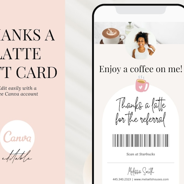 Thanks A Latte Gift Card, Thanks A Latte for the Referral, Real Estate Marketing, Real Estate Farming Card, Real Estate Coffee Gift Card