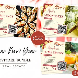 Pacchetto di cartoline di ricette per il capodanno lunare immobiliare / Modello di cartolina di ricette lunari / Agricoltura immobiliare / Marketing immobiliare / Canva