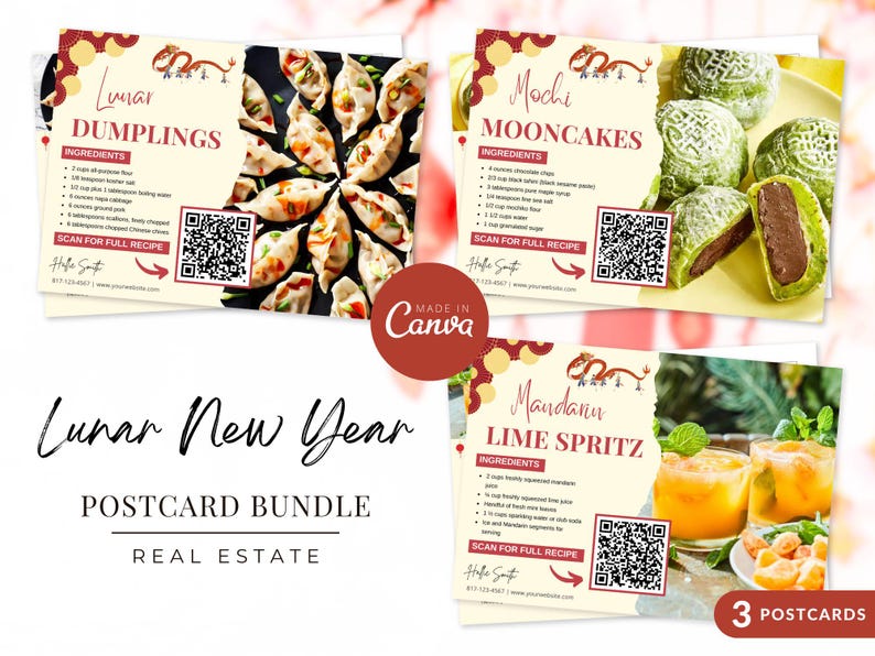 Real Estate Lunar New Year Recipe Postcard Bundle | Lunar Recipe Postcard Template | Real Estate Farming | Real Estate Marketing | Canva