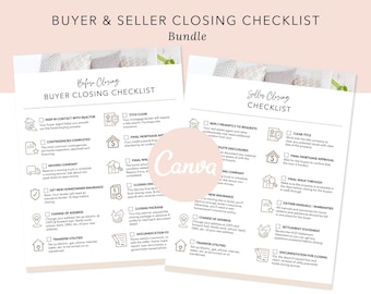 May include: A checklist for both buyers and sellers of a home. The checklist is divided into two sections: "Before Closing: Buyer Closing Checklist" and "Seller Closing Checklist". Each section has a list of tasks to complete before closing on a home purchase.