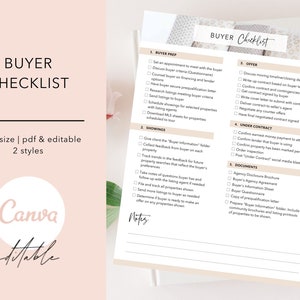May include: A printable buyer checklist with a soft pink and white design. The checklist includes sections for buyer prep, showings, offer, under contract, and documents. The Canva editable template is letter size and has two styles.