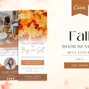Puede incluir: Colgador de puerta de bienes raíces con temática de otoño con una foto de una mujer y el texto "El otoño es un buen momento para comprar o vender". El fondo es un collage de hojas de otoño.