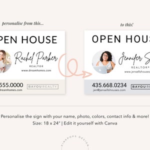 May include: A customizable open house sign template with a white background and black text. The sign features a placeholder photo, name, and contact information. The text on the sign reads "Open House", "REALTOR", "BAYOU REALTY", and includes a phone number and email address. The sign is 18 inches by 24 inches.