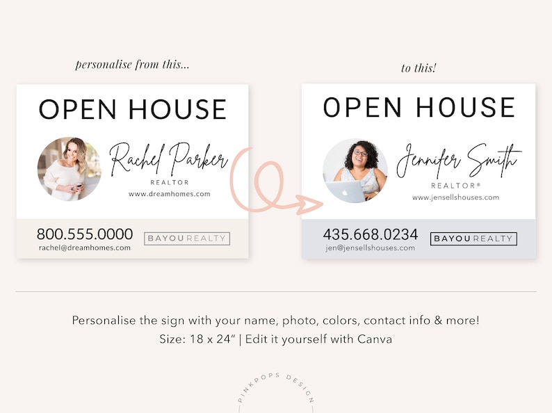 May include: A customizable open house sign template with a white background and black text. The sign features a placeholder photo, name, and contact information. The text on the sign reads "Open House", "REALTOR", "BAYOU REALTY", and includes a phone number and email address. The sign is 18 inches by 24 inches.