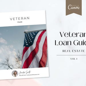 May include: A white and blue guide for veterans on real estate loans. The cover features an American flag waving in the wind and the text "Veteran Loan Guide, Real Estate, Vol I".