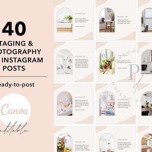 May include: A set of 40 Instagram post templates for staging and photography tips. The templates feature a light brown background with a white archway and a light brown interior design image. The text "STAGING TIP" is displayed in a white box at the top of each template.