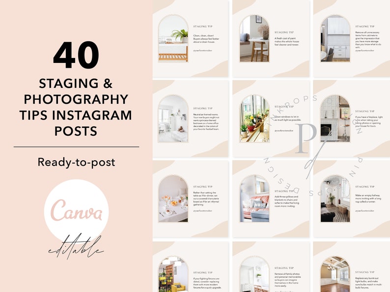 May include: A set of 40 Instagram post templates for staging and photography tips. The templates feature a light brown background with a white archway and a light brown interior design image. The text "STAGING TIP" is displayed in a white box at the top of each template.