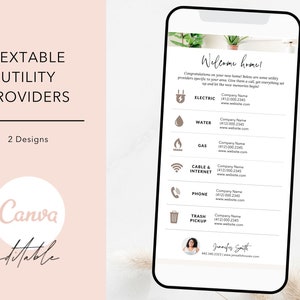 Puede incluir: Una lista de verificaci&oacute;n de bienvenida a casa imprimible con un fondo marr&oacute;n claro y una lista de proveedores de servicios p&uacute;blicos con su informaci&oacute;n de contacto. La lista de verificaci&oacute;n incluye iconos para electricidad, agua, gas, cable e internet, tel&eacute;fono y recogida de basura. El texto "&iexcl;Bienvenido a casa!" est&aacute; en la parte superior de la lista de verificaci&oacute;n. La lista de verificaci&oacute;n est&aacute; dise&ntilde;ada para ser utilizada por los nuevos propietarios.