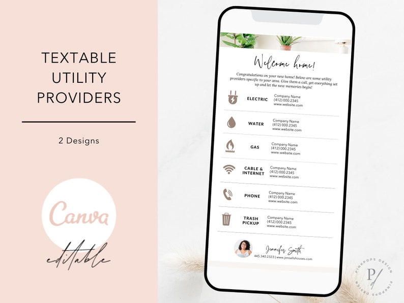 Puede incluir: Una lista de verificaci&oacute;n de bienvenida a casa imprimible con un fondo marr&oacute;n claro y una lista de proveedores de servicios p&uacute;blicos con su informaci&oacute;n de contacto. La lista de verificaci&oacute;n incluye iconos para electricidad, agua, gas, cable e internet, tel&eacute;fono y recogida de basura. El texto "&iexcl;Bienvenido a casa!" est&aacute; en la parte superior de la lista de verificaci&oacute;n. La lista de verificaci&oacute;n est&aacute; dise&ntilde;ada para ser utilizada por los nuevos propietarios.