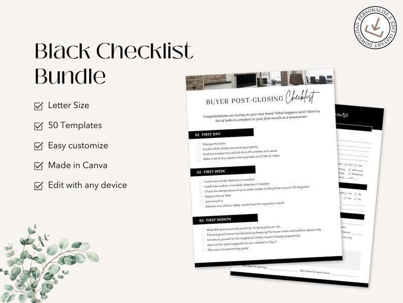 Black Real Estate Checklist Bundle, Editable Canva Templates (digital ...