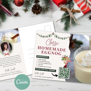 May include: A postcard with a festive design featuring a recipe for classic homemade eggnog. The postcard includes a photo of a glass of eggnog with whipped cream and cinnamon, along with a QR code to scan for the full recipe. The text on the postcard reads "Classic Homemade Eggnog" and includes a list of ingredients.