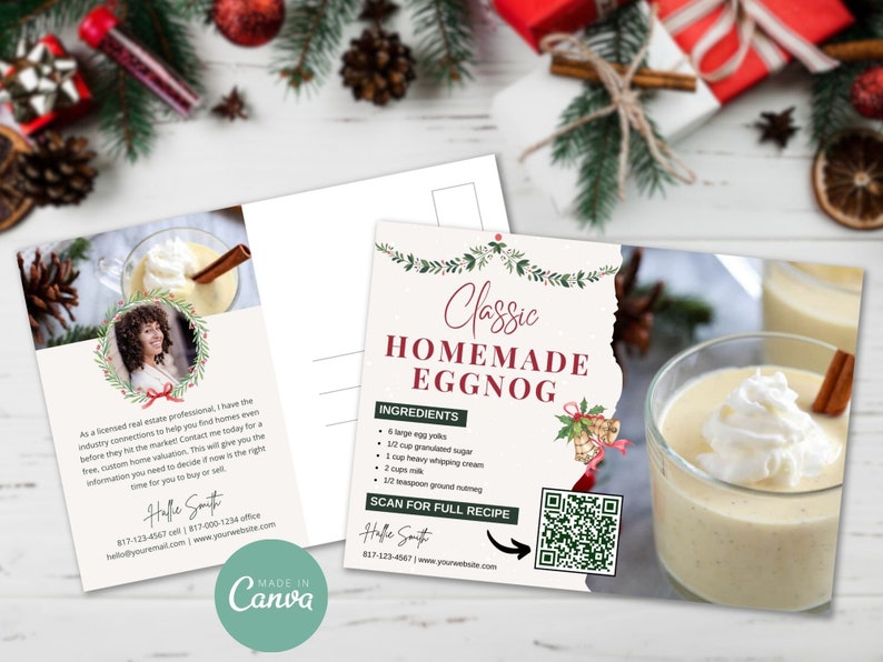 May include: A postcard with a festive design featuring a recipe for classic homemade eggnog. The postcard includes a photo of a glass of eggnog with whipped cream and cinnamon, along with a QR code to scan for the full recipe. The text on the postcard reads "Classic Homemade Eggnog" and includes a list of ingredients.