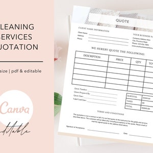 Könnte beinhalten: Eine schwarz-weiße druckbare Vorlage für ein Reinigungsdienst-Angebot. Die Vorlage enthält Abschnitte für Kundeninformationen, Beschreibung der Dienstleistungen, Preis, Menge, Gesamtbetrag, Zwischensumme, Steuern und Geschäftsbedingungen. Die Vorlage ist für die Verwendung mit Canva konzipiert.