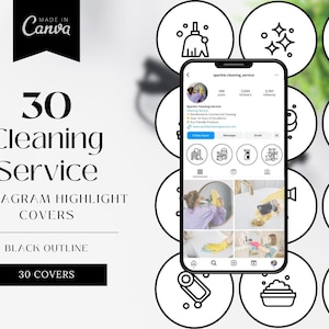 30 Cleaning Business Instagram Highlight Covers, Black Outline Cleaning Instagram Story, Instagram Story, Cleaning IG Story Highlights