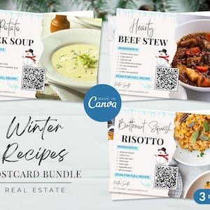 Paquete de postales con recetas de invierno para bienes raíces / Plantilla de postal con recetas de invierno / Agricultura inmobiliaria de invierno / Marketing inmobiliario / Canva