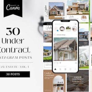 Könnte beinhalten: Eine Collage aus 30 Instagram-Post-Vorlagen für Immobilienmakler. Die Vorlagen zeigen Fotos von Häusern und den Text "Unter Vertrag".
