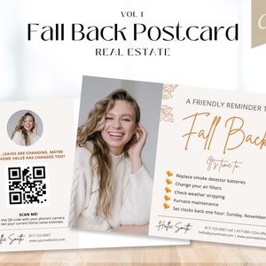 May include: A white postcard with a fall-themed design. The postcard features a photo of a woman smiling and a list of fall back reminders, including replacing smoke detector batteries, changing air filters, and setting clocks back one hour. The text "Fall Back" is written in a large, orange font. The postcard also includes the name "Hailie Smith" and contact information.