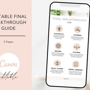 May include: A two-page checklist for a final walkthrough of a property. The checklist includes categories for electricity, plumbing, repairs, fixtures, walls and floors, and doors and windows. The checklist is designed to be used by a homeowner or a real estate agent.