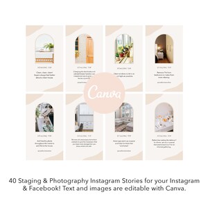 May include: A collage of 8 Instagram story templates with arched frames and staging tips for home photography. The tips include cleaning, adding plants, and removing clutter. The text "Canva" is visible in the center of the collage.