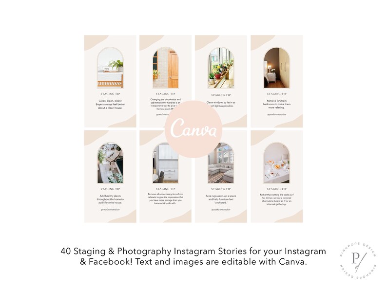 May include: A collage of 8 Instagram story templates with arched frames and staging tips for home photography. The tips include cleaning, adding plants, and removing clutter. The text "Canva" is visible in the center of the collage.