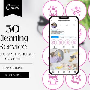 30 Cleaning Business Instagram Highlight Covers, Pink Outline Cleaning Instagram Story, Instagram Story, Cleaning IG Story Highlights