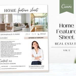 May include: A real estate home feature sheet with photos of a living room, kitchen, and bathroom. The sheet includes details about the property, such as the number of bedrooms and bathrooms, and the realtor's contact information.