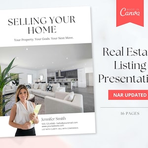 Könnte beinhalten: Eine 16-seitige Immobilien-Präsentationsvorlage mit dem Titel Selling Your Home, Your Property, Your Goals, Your Next Move. Sie enthält ein Foto eines modernen Wohnzimmers, eine Person mit einer Mappe und Kontaktdaten von Jennifer Smith.