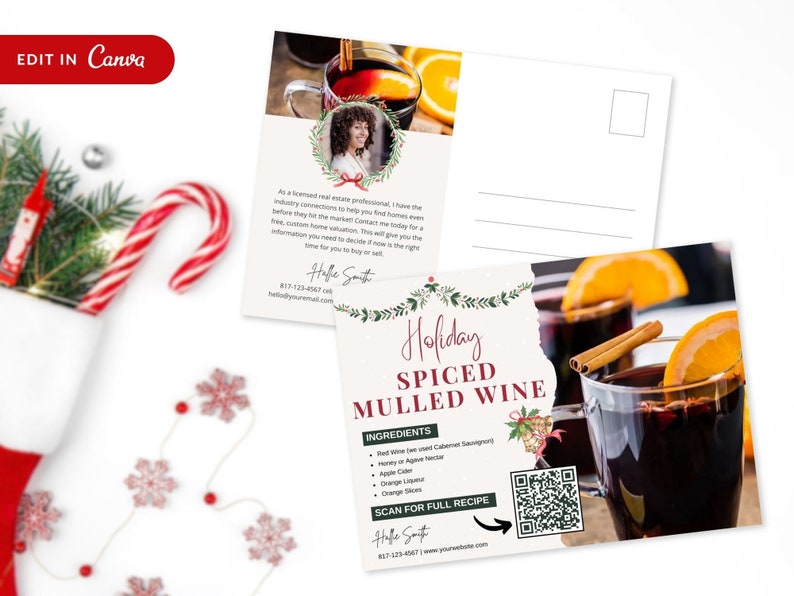May include: A postcard with a festive holiday theme featuring a recipe for spiced mulled wine. The postcard has a red and green color scheme with a festive wreath and a QR code to scan for the full recipe. The text on the postcard reads "Holiday Spiced Mulled Wine" and includes a list of ingredients.