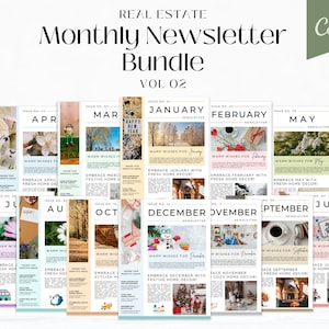 Könnte beinhalten: Ein Set mit 12 monatlichen Immobilien-Newsletter-Vorlagen in einem Bundle. Die Vorlagen bieten eine Vielzahl von saisonalen Themen und Farben, darunter Winter, Frühling, Sommer und Herbst. Jede Vorlage enthält einen Titel, einen Slogan und einen Call-to-Action. Die Vorlagen sind für die Verwendung in Canva konzipiert.