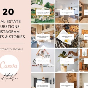 20 Real Estate Questions Instagram Posts, Real Estate Questions Engagement Posts, Real Estate Social Media, Real Estate Instagram Templates