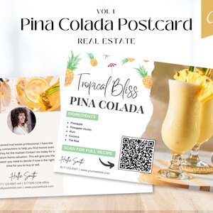 Postal con receta de piña colada para bienes raíces, correo con receta de cóctel de piña tropical, agricultura inmobiliaria, marketing inmobiliario de Año Nuevo