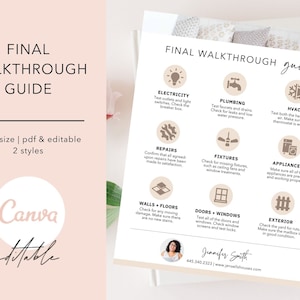 May include: A printable checklist for a final walkthrough of a home. The checklist includes categories such as electricity, plumbing, HVAC, repairs, fixtures, appliances, walls and floors, doors and windows, and exterior. The checklist is in a light brown and white color scheme with icons for each category.
