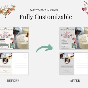 May include: A printable holiday postcard template featuring a festive design with a glass of eggnog and a QR code. The text on the postcard reads "Classic Homemade Eggnog". The template is customizable and easy to edit in Canva.