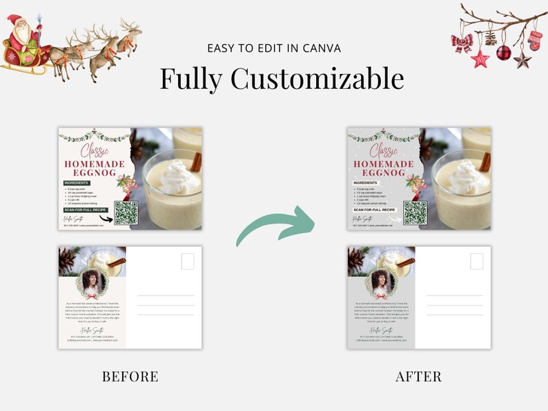 May include: A printable holiday postcard template featuring a festive design with a glass of eggnog and a QR code. The text on the postcard reads "Classic Homemade Eggnog". The template is customizable and easy to edit in Canva.